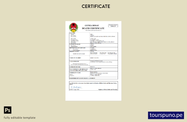 Plantilla de certificado de defunción de Guinea Bissau lista para imprimir